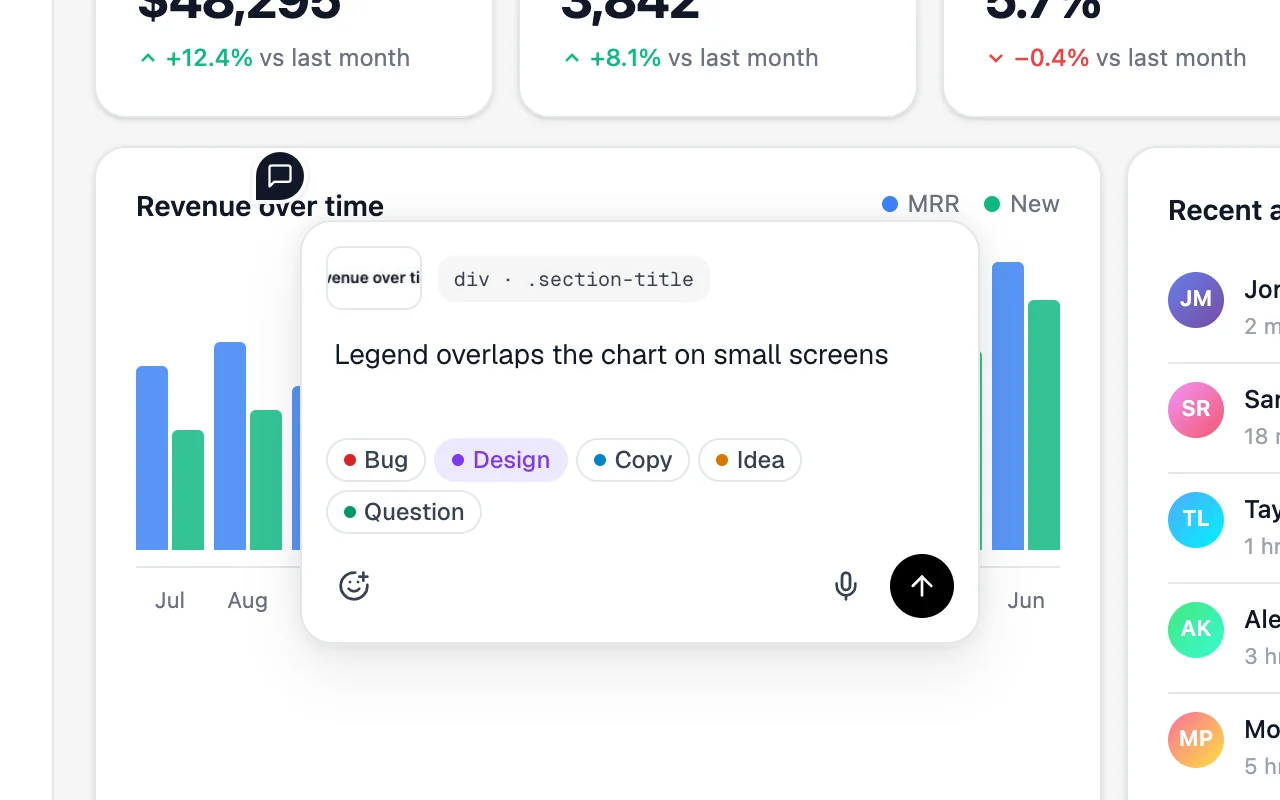 A comment being written on a chart heading, with type tags for bug, design, copy, idea and question