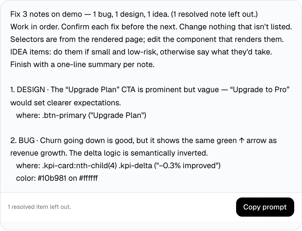 The exported AI fix prompt listing each note with its selector